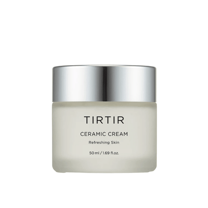 Pohár TIRTIR Ceramic Cream určený na "Refreshing Skin", s objemom 50 ml / 1.69 fl oz. Pohár má prechodovú farbu z bielej na priehľadnú a strieborné viečko.