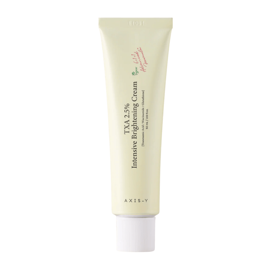 Čistý produktový obrázok AXIS - Y TXA 2.5% Intensive Brightening Cream vo vertikálnom formáte so zameraním na elegantný dizajn a koncept rozjasnenia.