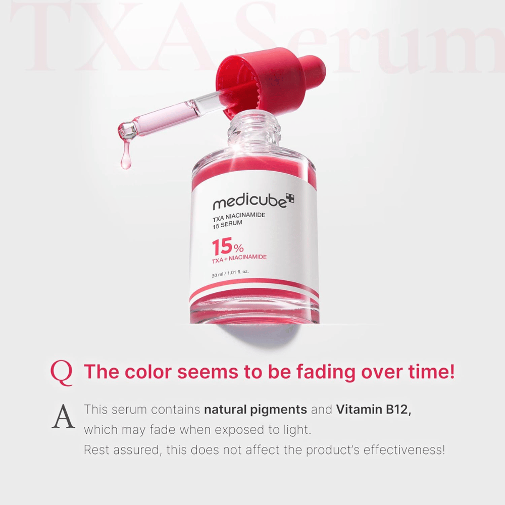 1. Medicube TXA Niacinamide 15 Serum 30 ml – sérum s kyselinou tranexámovou a niacínamidom, pri ktorom môže farba vyblednúť vplyvom vystavenia svetlu