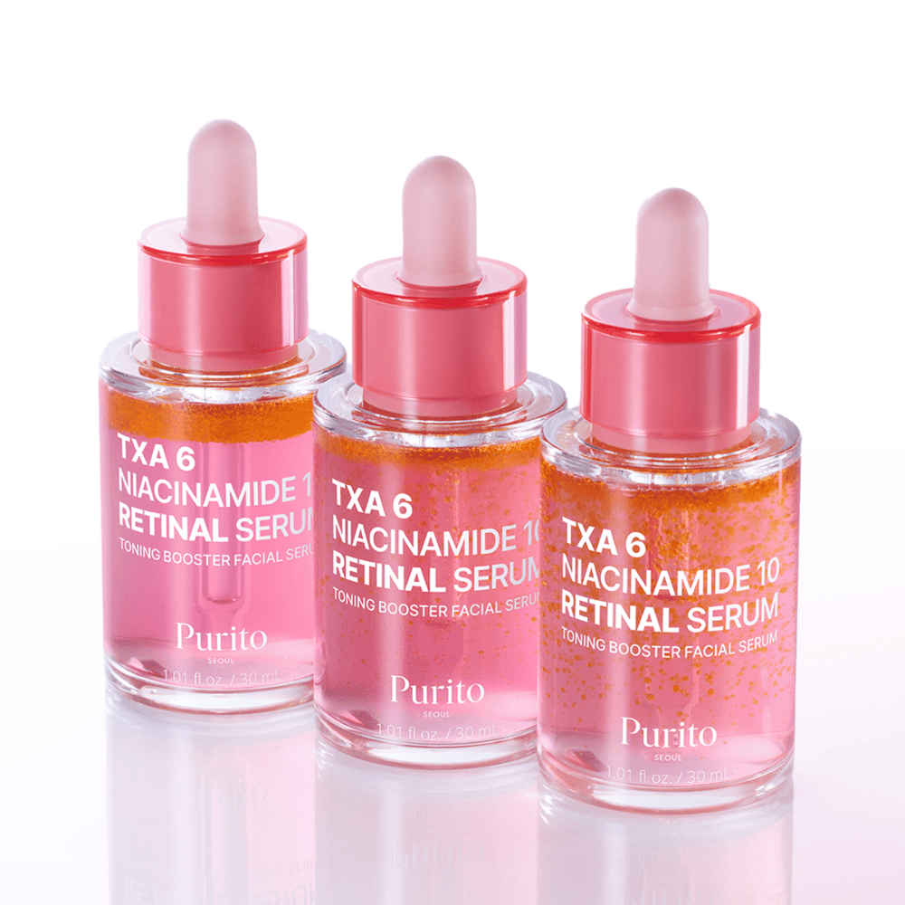 Tri fľaše Purito TXA 6 Niacinamide 10 Retinal Serum. Rozjasňujúce a vyhladzujúce pleťové sérum s anti-aging efektom.