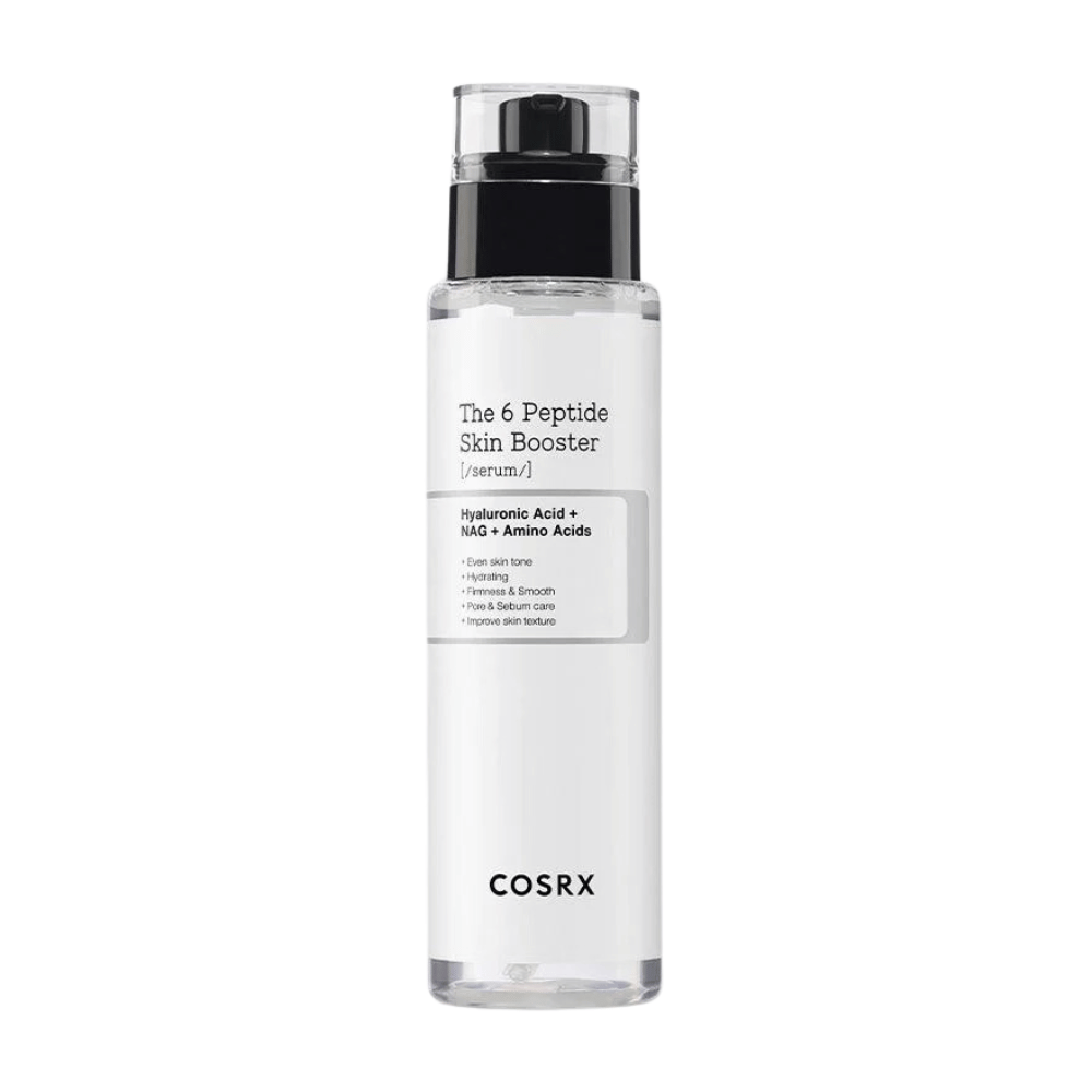 Fľaša s pleťovým sérom "The 6 Peptide Skin Booster" s kyselinou hyalurónovou a aminokyselinami od COSRX.