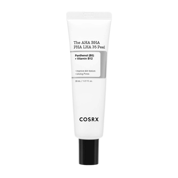 COSRX AHA BHA PHA LHA 35 Peel, exfoliačný produkt s panthenolom (B5) a vitamínom B12. Zlepšuje textúru pokožky a čistí upchaté póry. Obsah: 30 ml.