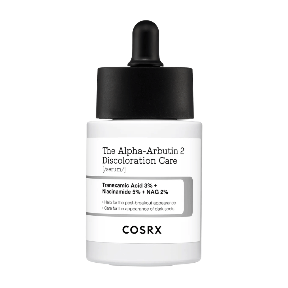 COSRX The Alpha-Arbutin 2 Discoloration Care Serum s 3% tranexamovou kyselinou, 5% niacínamidom a 2% NAG. Sérum, ktoré sa zameriava na tmavé škvrny a pigmentáciu pre rovnomernejší tón pleti a zvýšený jas.