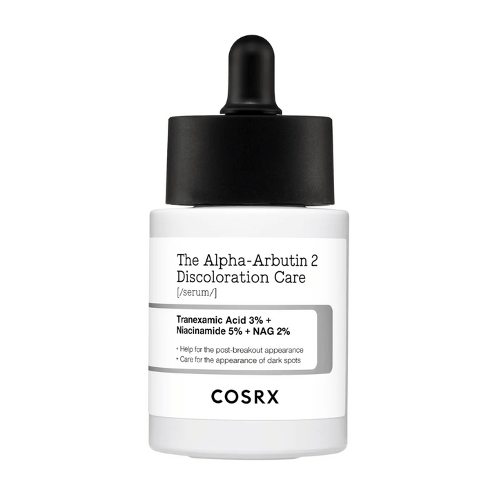 COSRX The Alpha-Arbutin 2 Discoloration Care Serum s 3% tranexamovou kyselinou, 5% niacínamidom a 2% NAG. Sérum, ktoré sa zameriava na tmavé škvrny a pigmentáciu pre rovnomernejší tón pleti a zvýšený jas.