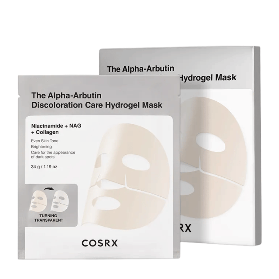 COSRX Alpha-Arbutin Discoloration Care Hydrogel Mask produktový obrázok – hydrogel sheet mask zameraný na pigmentové škvrny, žiarivosť a zlepšenú jasnosť pokožky.
