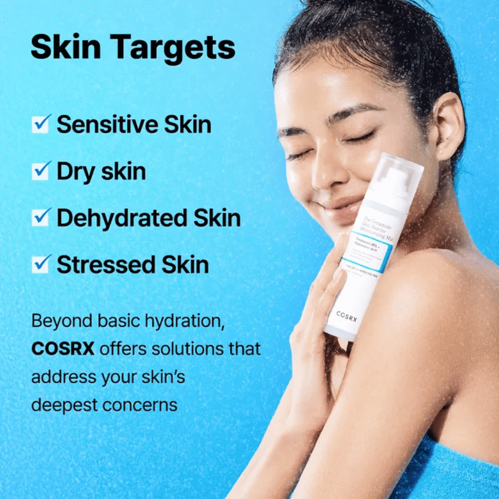 Žena drží COSRX Ceramide Skin Barrier Mist – ideálny pre citlivú, suchú a stresovanú pokožku, ktorá potrebuje extra hydratáciu.