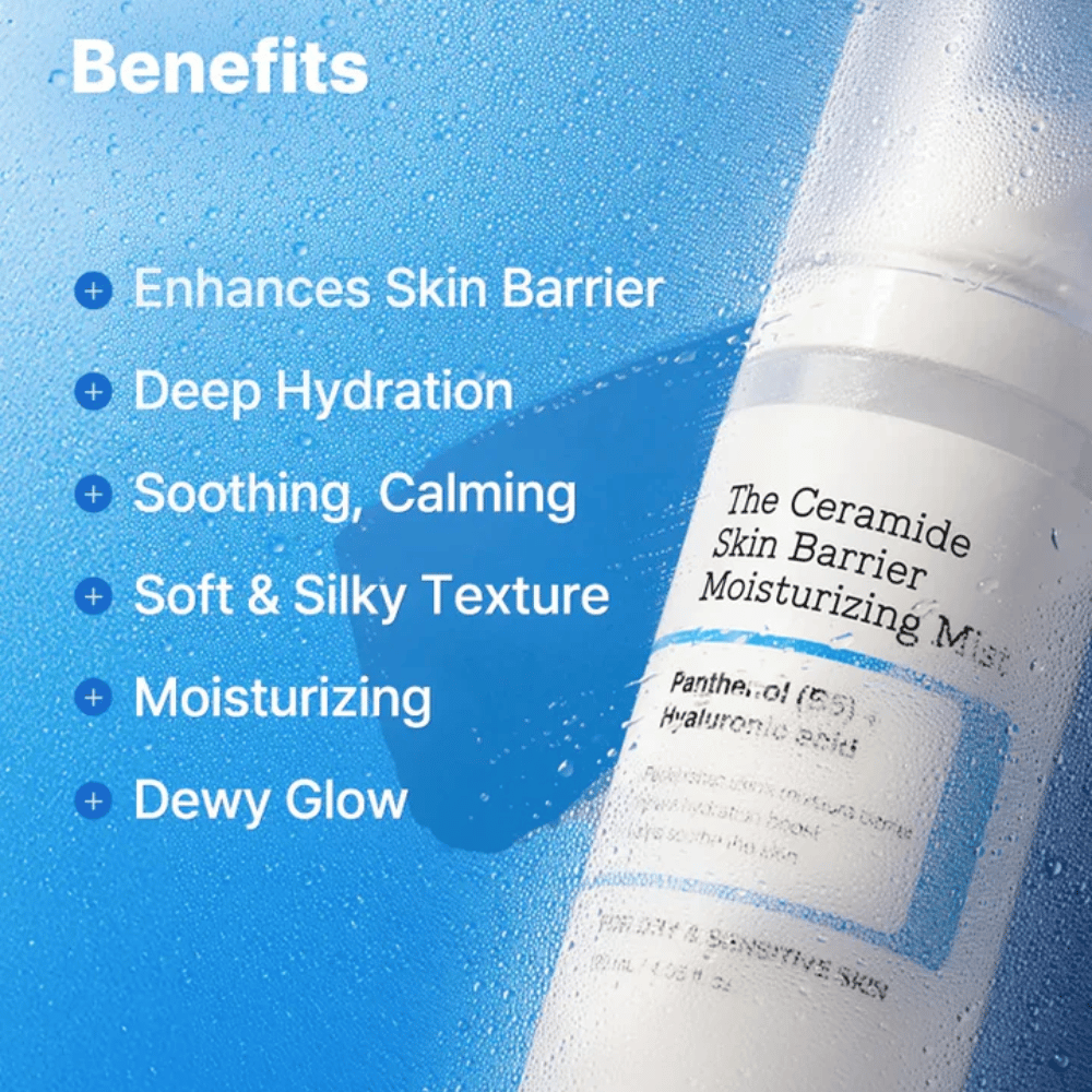 COSRX Ceramide Skin Barrier Mist – poskytuje hlbokú hydratáciu, upokojuje pokožku a zanecháva jemný, hodvábny povrch.