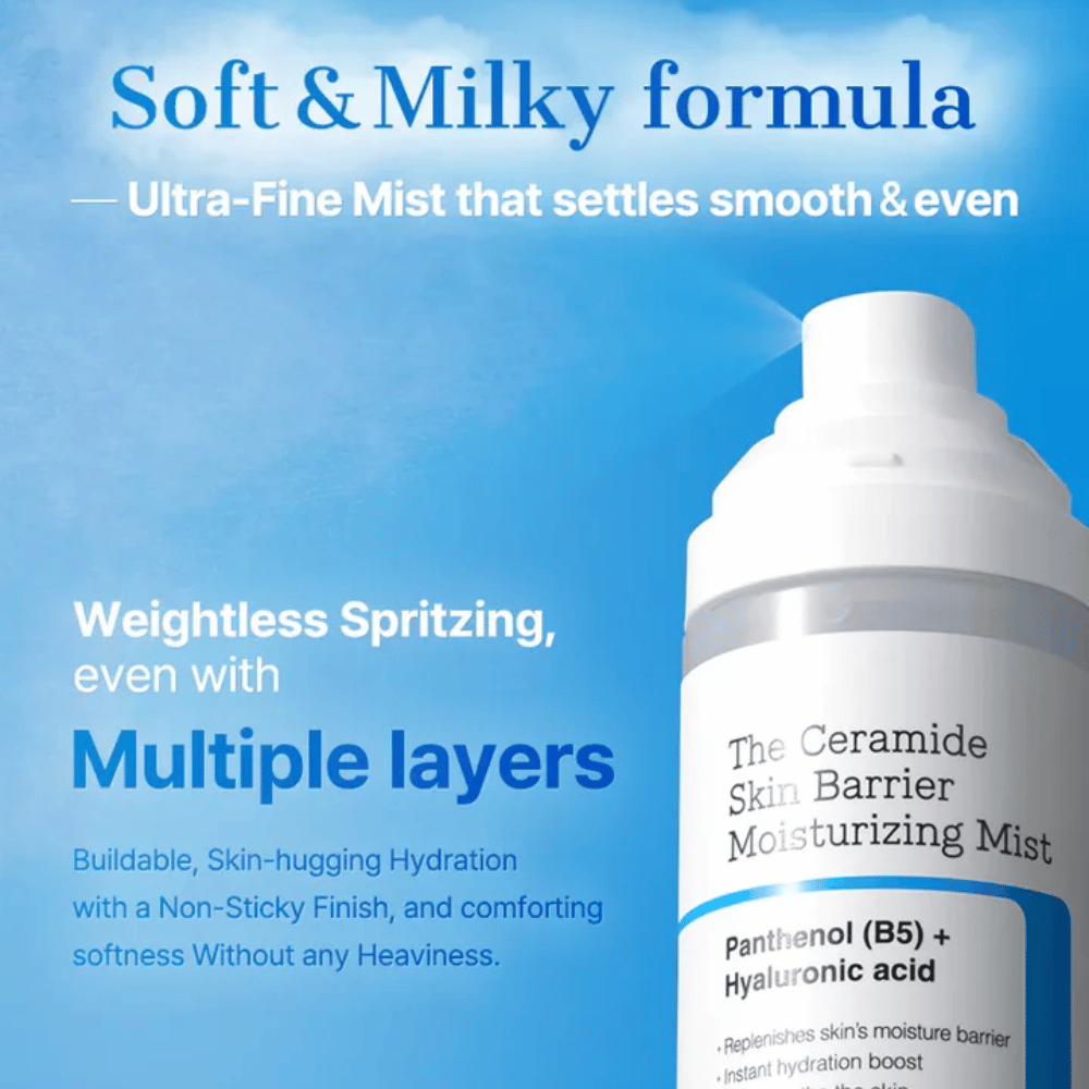 COSRX Ceramide Skin Barrier Mist – jemná a mliečna formula, ktorá poskytuje ľahkú hydratáciu bez lepkavosti.