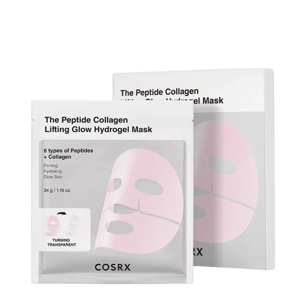 Produktový obrázok COSRX Peptide Collagen Lifting Glow Hydrogel Mask – spevňujúca a hydratačná pleťová maska s peptidmi a kolagénom.
