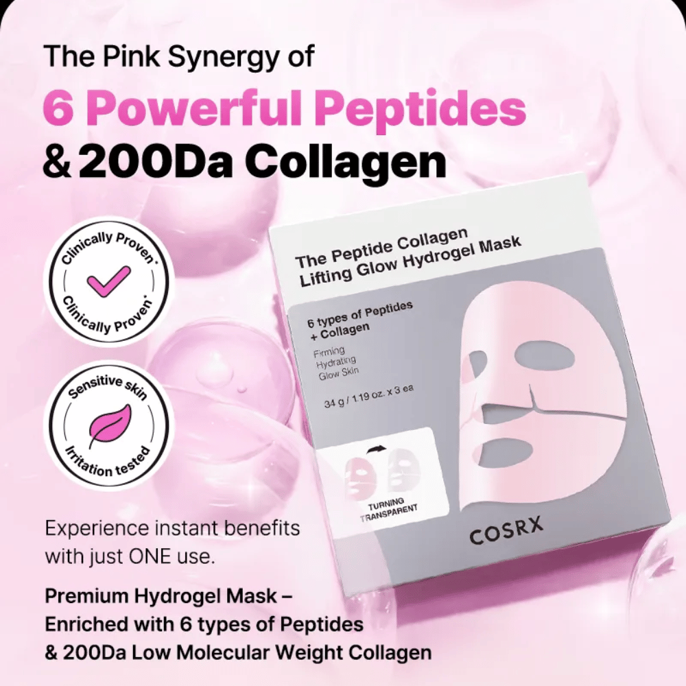 COSRX Peptide Collagen Mask – obohatená o 6 typov peptidov a kolagén, klinicky testovaná pre citlivú pokožku.
