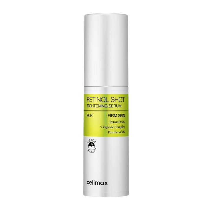 Celimax The Vita-A Retinol Shot Tightening Serum v striebornej pumpovacej fľaši s limetkovozelenou etiketou a čiernym textom.