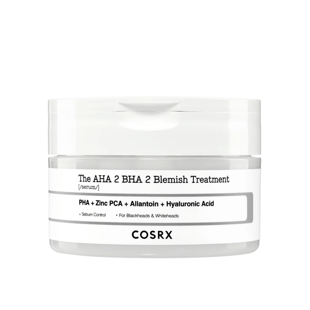 COSRX AHA 2 BHA 2 Blemish Treatment, sérum s PHA, zink PCA, allantoinom a kyselinou hyalurónovou. Navrhnuté na kontrolu produkcie mazu a predchádzanie čiernym bodkám a bielym bodkám. Perfektné na zlepšenie čistoty pokožky.