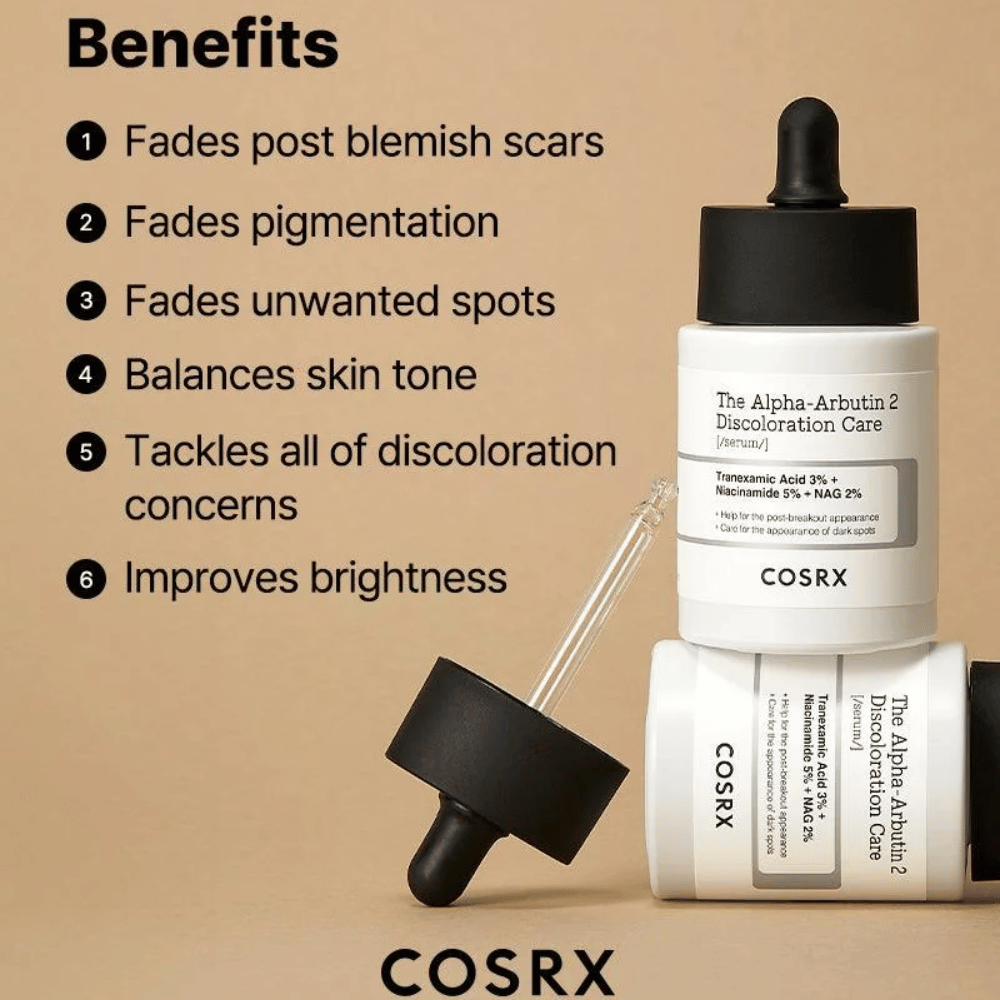 COSRX The Alpha-Arbutin 2 Discoloration Care Serum pomáha redukovať jazvy po akné, zosvetľovať pigmentové škvrny, vyrovnávať tón pleti a zlepšovať jas pleti. Obsahuje tranexamovú kyselinu, niacínamid a NAG pre jasnejšiu pleť.