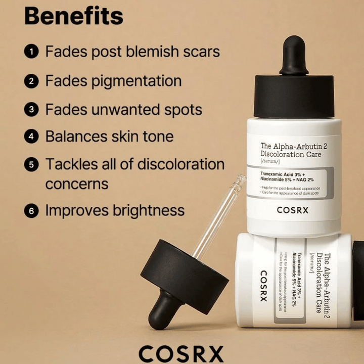COSRX The Alpha-Arbutin 2 Discoloration Care Serum pomáha redukovať jazvy po akné, zosvetľovať pigmentové škvrny, vyrovnávať tón pleti a zlepšovať jas pleti. Obsahuje tranexamovú kyselinu, niacínamid a NAG pre jasnejšiu pleť.