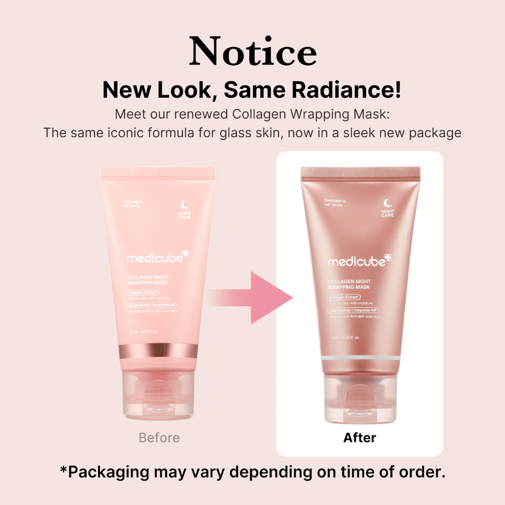 Nový vzhľad, rovnaké žiarivé výsledky! Medicube Collagen Wrapping Mask má teraz obnovené, štýlové balenie, ale zachováva si svoju ikonickú formulu pre lesklú pokožku. *Balenie sa môže líšiť v závislosti od času objednávky.