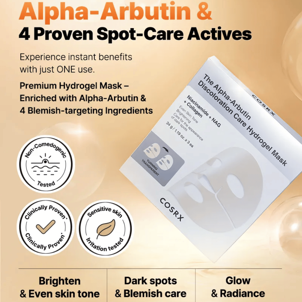 COSRX Alpha-Arbutin Discoloration Care Hydrogel Mask produktový obrázok – kórejský sheet mask pre pigmentáciu, žiarivosť a intenzívnu hydratáciu.