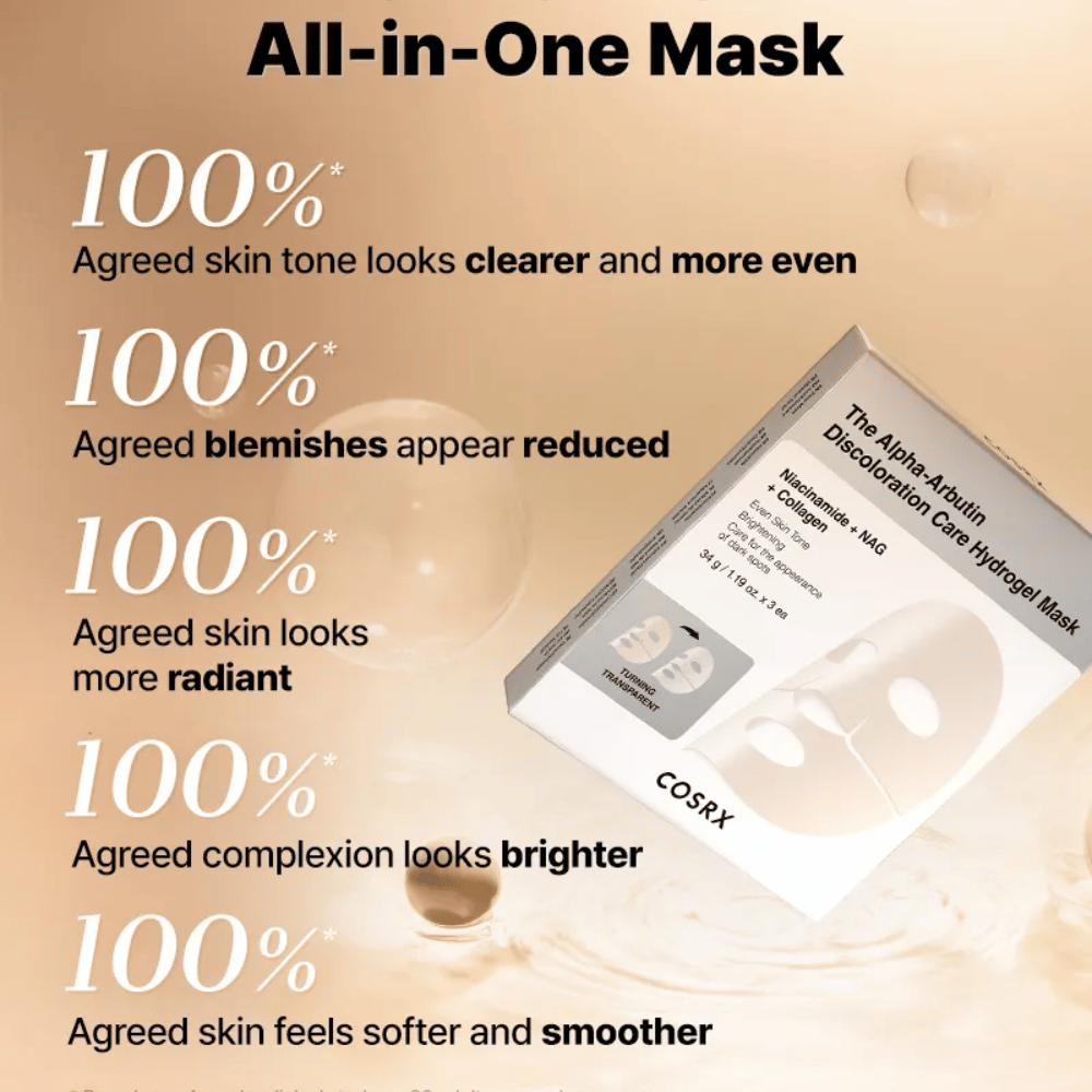 COSRX Alpha-Arbutin Discoloration Care Hydrogel Mask s balením – všetko-v-jednom sheet mask pre žiarivosť, rovnomerný tón pleti a zníženie sfarbenia.