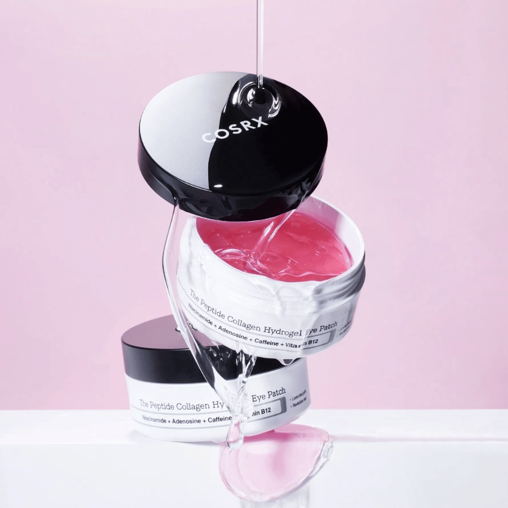 COSRX Peptide Collagen Hydrogel Eye Patch – ružová gélová formula bohatá na niacínamid, adenozín, kofeín a vitamín B12.