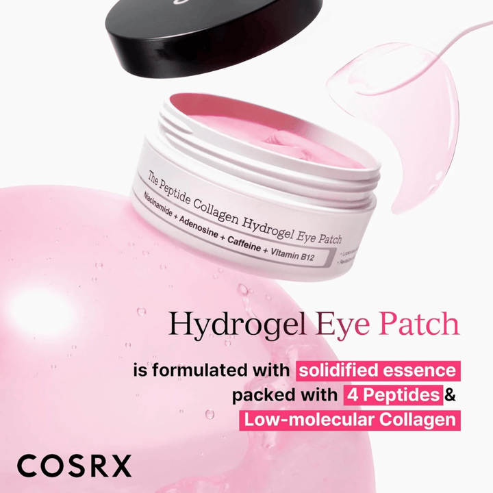 COSRX Hydrogel Eye Patch so 4 peptidmi a nízkomolekulárnym kolagénom pre hydratovanú a pevnú pokožku okolo očí.