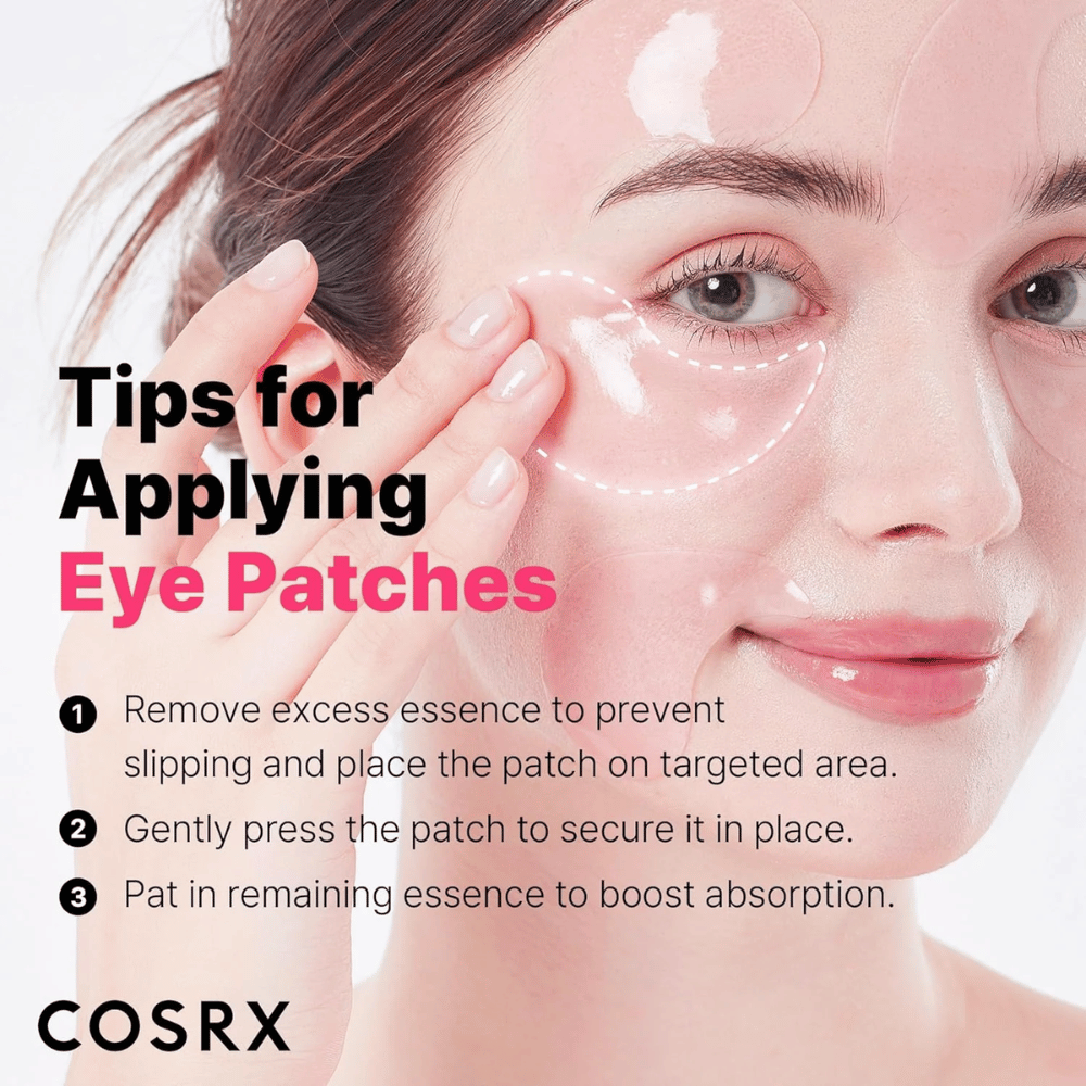 Tipy na aplikáciu COSRX Peptide Collagen Eye Patch – pevne pritlačte, odstráňte prebytočnú esenciu a jemne vklepte zvyšok.