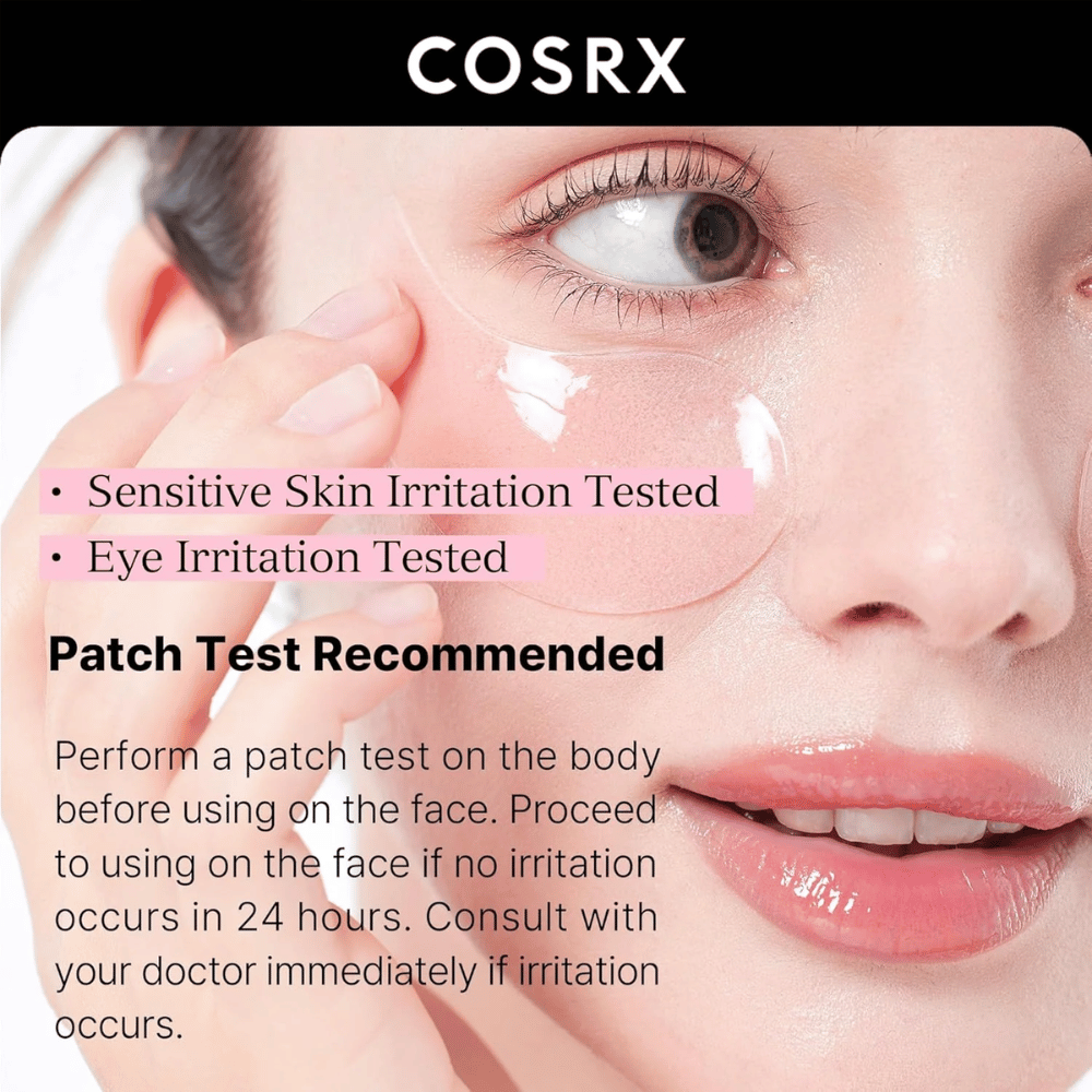 COSRX Peptide Collagen Hydrogel Eye Patch – testované na citlivú pokožku a podráždenie očí, bezpečné pre každodenné použitie.