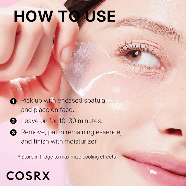COSRX Peptide Collagen Hydrogel Eye Patch – aplikujte so špachtľou, nechajte pôsobiť 10–30 minút a dokončite hydratačným krémom.