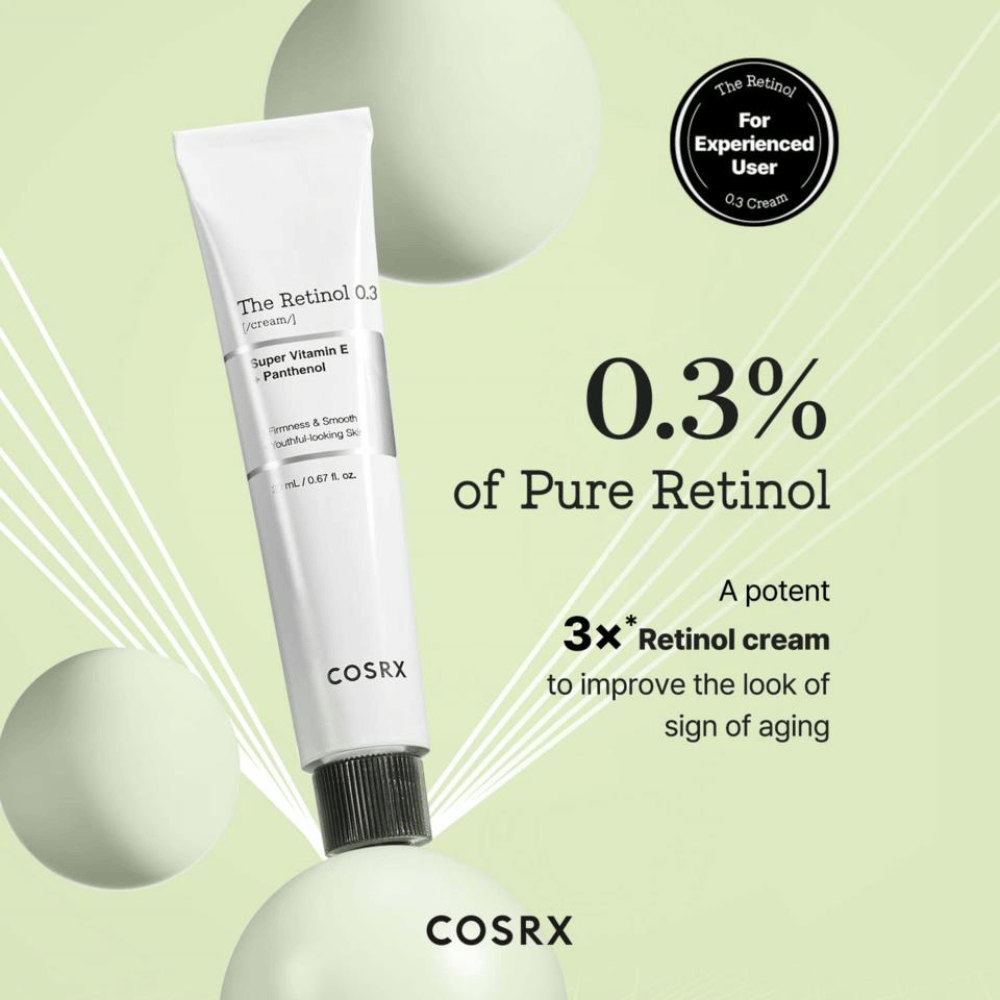COSRX The Retinol 0.3 Cream obsahuje 0,3% čistého retinolu na efektívne zlepšenie pevnosti pokožky a vyhladenie jemných liniek. Obohatený o super vitamín E a panthenol, poskytuje pokožke vlhkosť a výživu. Ideálny pre skúsených používateľov, je to silný krém, ktorý bojuje proti známkam starnutia a dodáva mladistvý lesk.