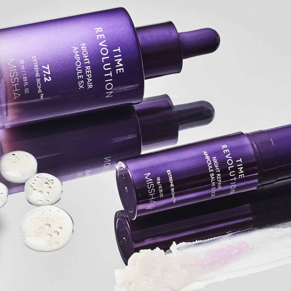 1. MISSHA Time Revolution Night Repair Ampoule 5X 50 ml – nočná ampulka so 77,2 % Extreme Biome Complex vo fialovej fľaštičke s pipetou