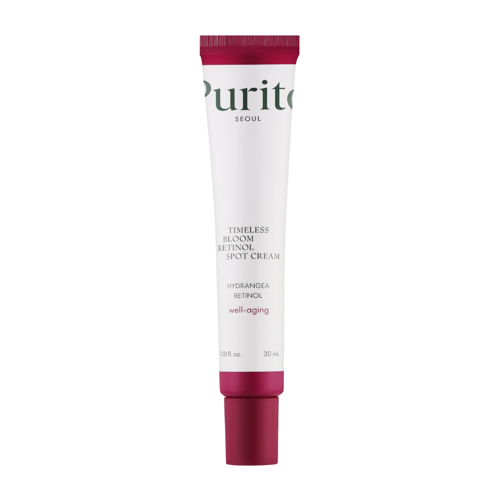 Purito Timeless Bloom Retinol Spot Cream je účinný krém proti starnutiu obohatený o retinol a extrakt z hortenzie. Redukuje jemné vrásky, zlepšuje pevnosť pokožky a podporuje rovnomerný tón pleti. Perfektný pre cielenú starostlivosť a pohodu pokožky.