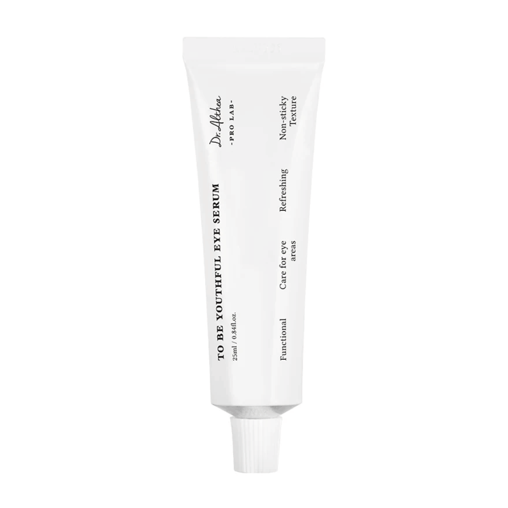 Obrázok séra "To Be Youthful Eye Serum" od Dr. Althea v bielej tube. Produkt je určený na starostlivosť o oblasť očí s neklepkavou a osviežujúcou konzistenciou. Obsahuje zložky, ktoré redukujú a zabraňujú vráskam a jemným linkám okolo očí.