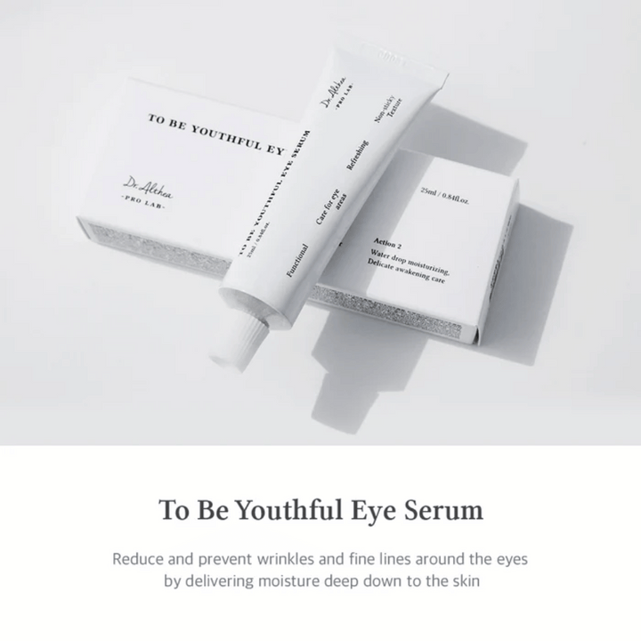 Obrázok séra "To Be Youthful Eye Serum" od Dr. Althea s bielou tubou a obalom. Produkt má redukovať a zabraňovať vráskam a jemným linkám okolo očí tým, že dodáva vlhkosť hlboko do pokožky. Text popisuje vlastnosti a výhody produktu, vrátane hydratačných a osviežujúcich vlastností.