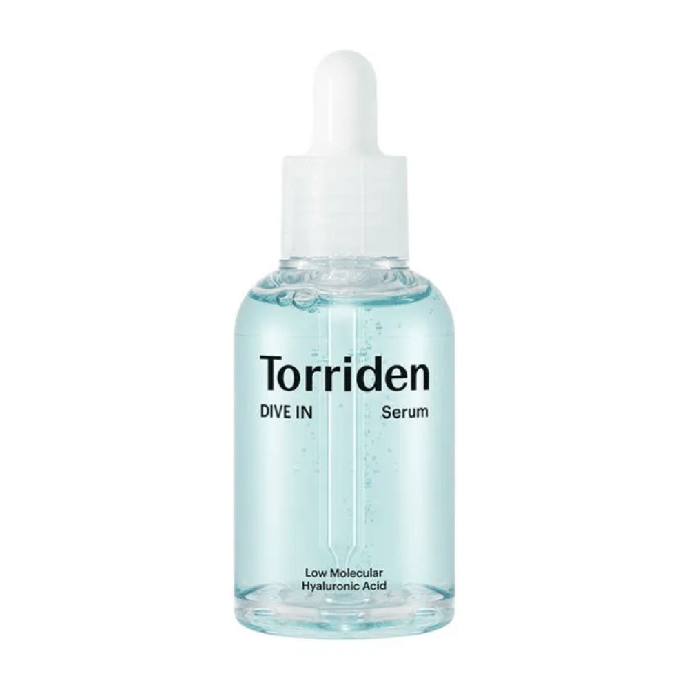 Fľaša Torriden DIVE-IN Low Molecule Hyaluronic Acid Serum 50ml pre hydratáciu, na bielom pozadí.