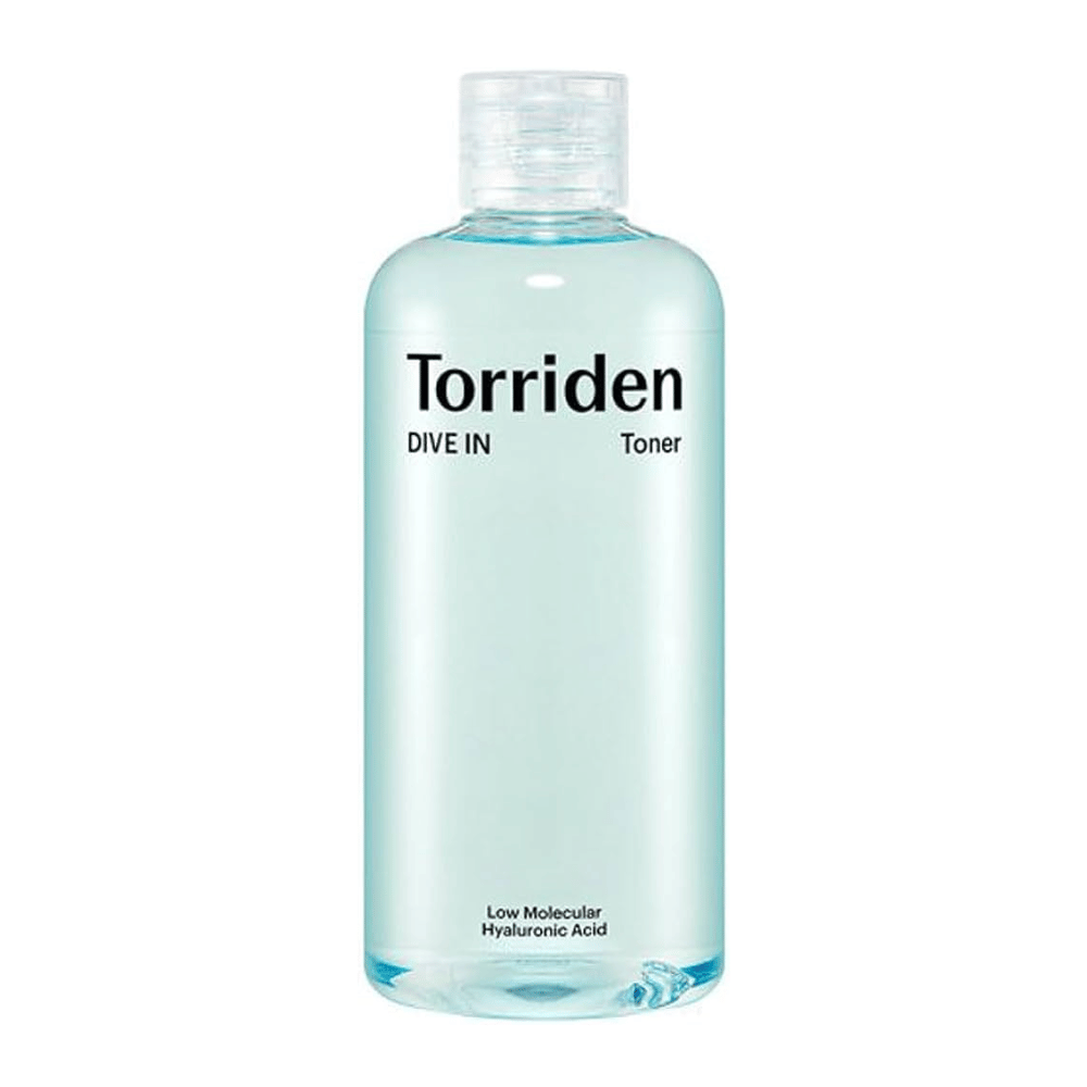 Fľaša Torriden DIVE-IN Low Molecule Hyaluronic Acid Toner 300ml, vystavená na nedotknutom bielom pozadí.