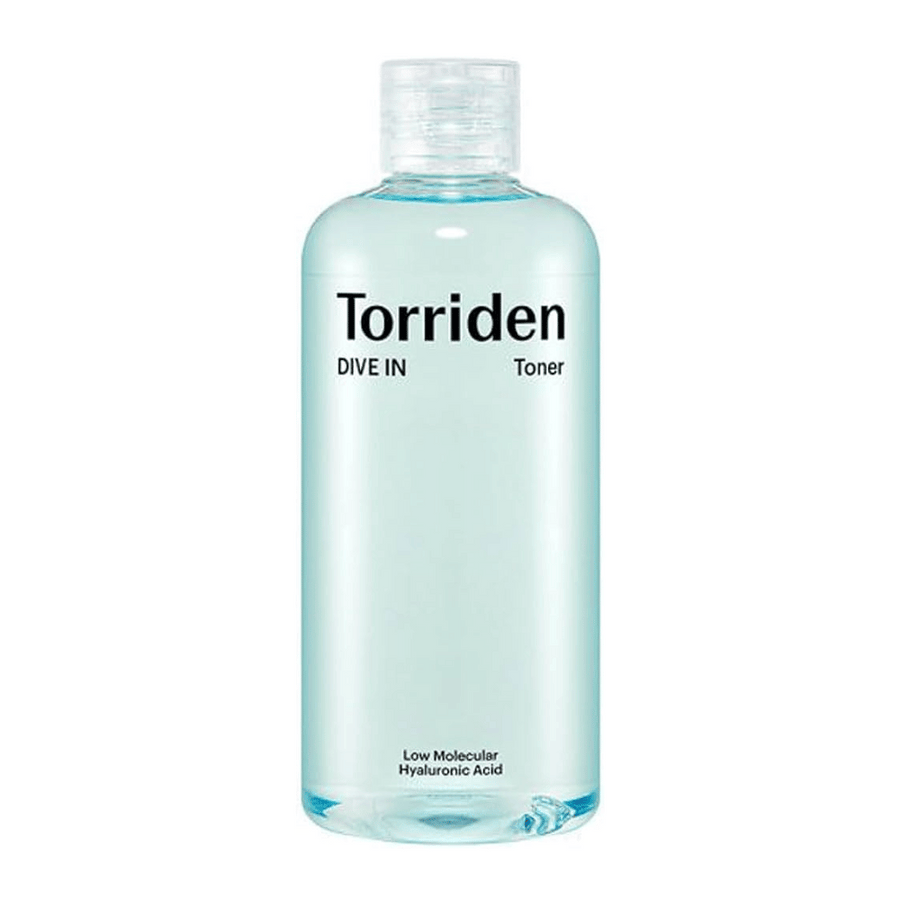 Fľaša Torriden DIVE-IN Low Molecule Hyaluronic Acid Toner 300ml, vystavená na nedotknutom bielom pozadí.