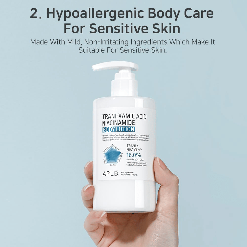Produktový obrázok zobrazujúci APLB Tranexamic Acid Niacinamide Body Lotion so zameraním na hypoalergénnu starostlivosť o telo pre citlivú pokožku. Obrázok zdôrazňuje jemné a šetrné ingrediencie vhodné pre suchú a citlivú pokožku.