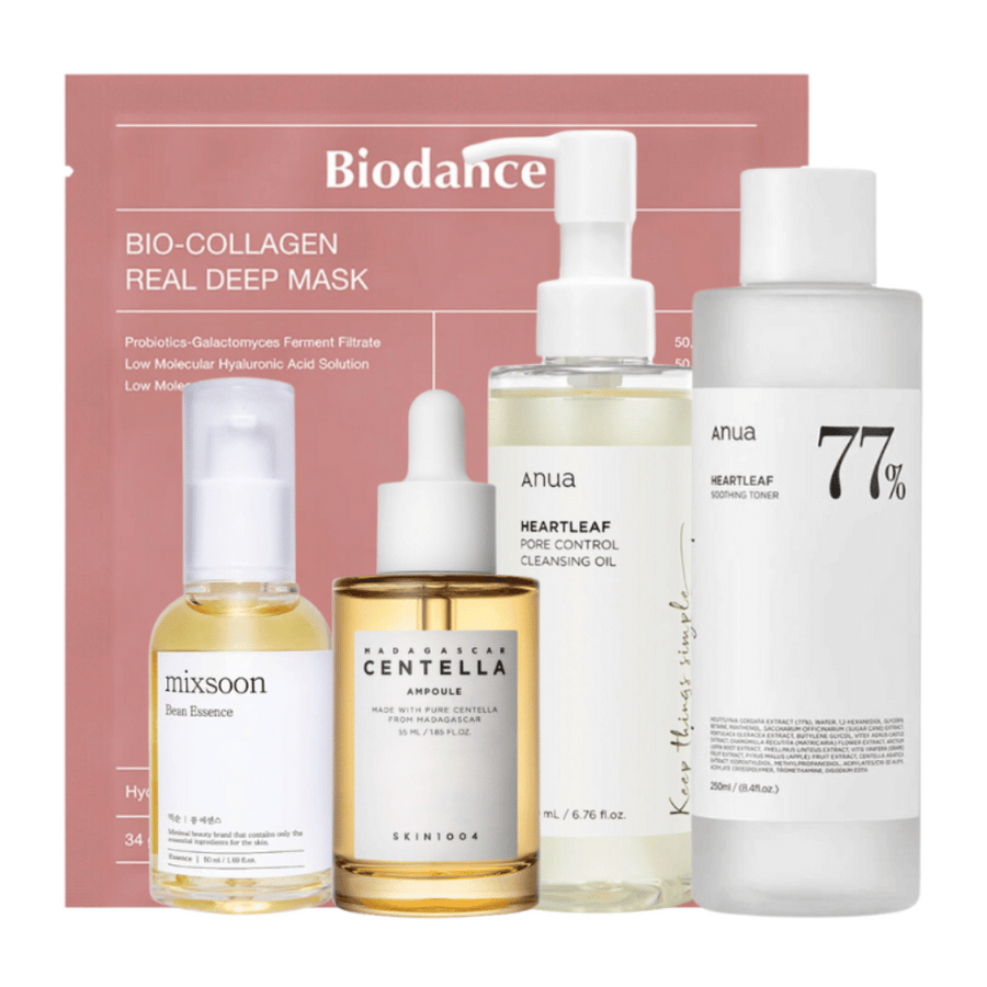 Súprava "Trending K-Beauty Must-Haves" obsahuje Anua Heartleaf Pore Control Cleansing Oil, Heartleaf 77% Soothing Toner, Skin1004 Madagascar Centella Ampoule a Mixsoon Bean Essence spolu s Bio-Collagen Real Deep Mask od Biodance. Tieto produkty sú starostlivo vybrané na zabezpečenie hĺbkového čistenia, intenzívnej hydratácie a upokojujúcich účinkov na pokožku, čo z nich robí nevyhnutné produkty pre komplexnú starostlivosť o pleť.