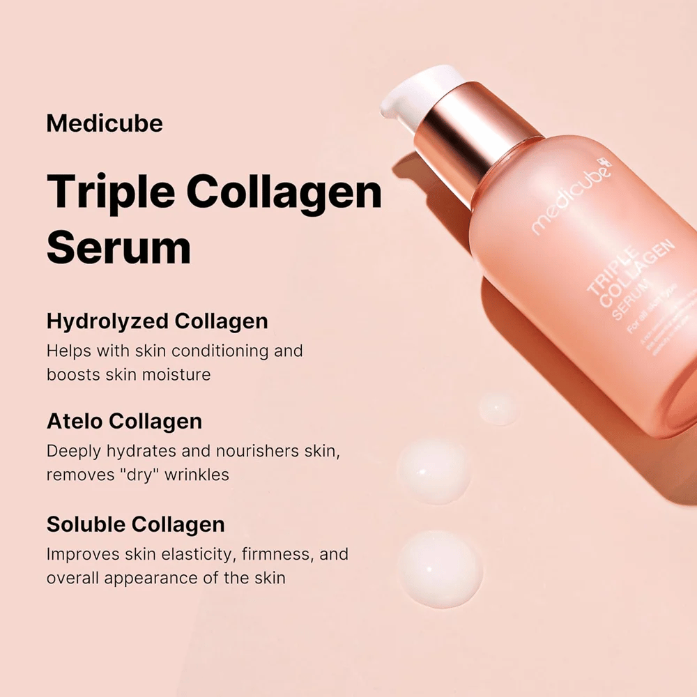 Reklamný obrázok pre Medicube Triple Collagen Serum, ktorý vysvetľuje výhody jeho troch typov kolagénu pre starostlivosť o pleť. Produkt je prezentovaný v ružovej fľaši na zodpovedajúcom pozadí.