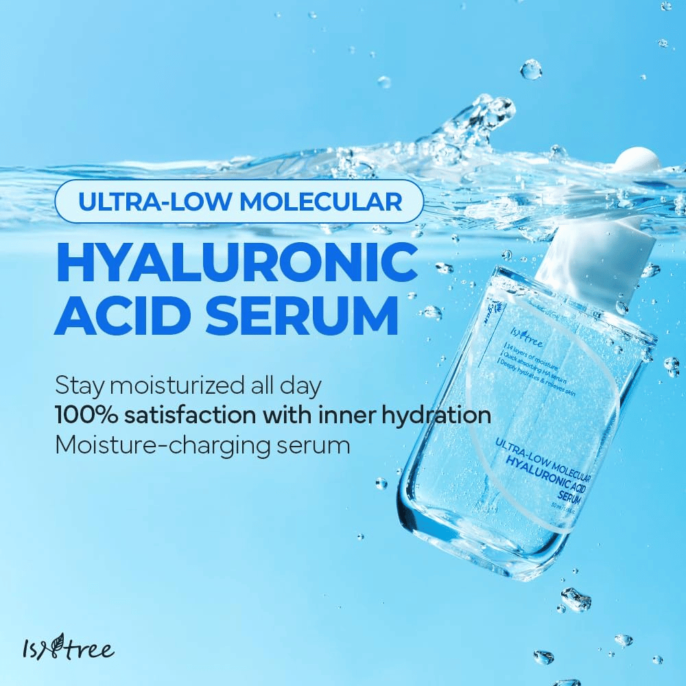 Isntree Ultra-Low Molecular Hyaluronic Acid Serum vo vodnom prostredí, hydratačné sérum s kyselinou hyalurónovou, ktoré poskytuje vyplnenú pokožku, zvýšený lesk a dlhodobú rovnováhu vlhkosti.