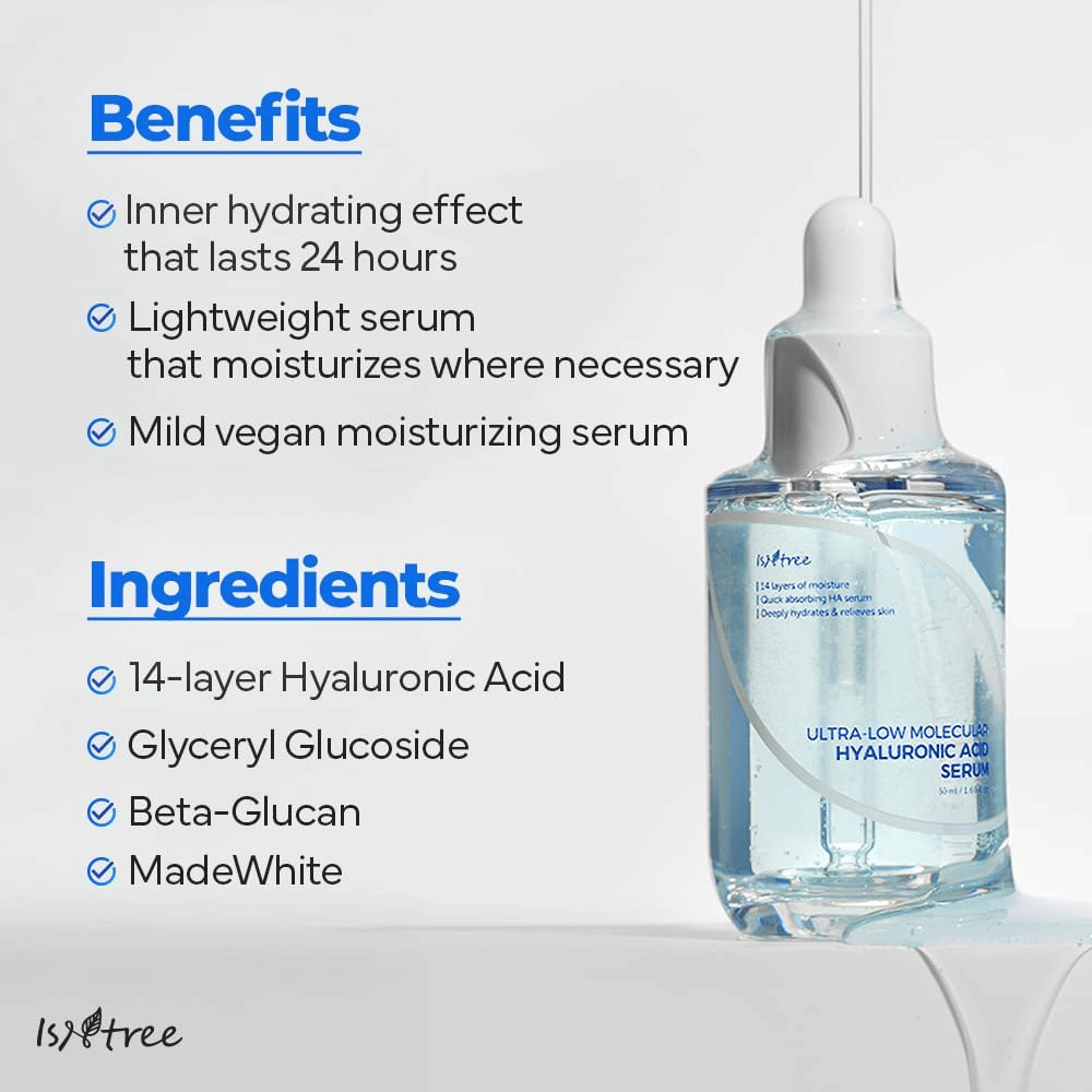 Isntree Ultra-Low Molecular Hyaluronic Acid Serum s ľahkou, vegánskou formulou, ktorá hydratuje až 24 hodín a je vhodná pre suchú, citlivú a dehydrovanú pokožku.