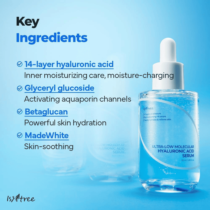 Isntree Ultra-Low Molecular Hyaluronic Acid Serum s 14-vrstvovou kyselinou hyalurónovou, glyceryl glukozidom a beta-glukánom, hydratačné sérum, ktoré posilňuje kožnú bariéru a upokojuje citlivú pokožku.