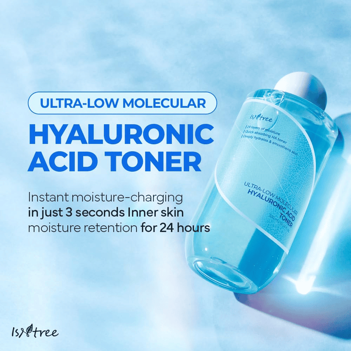 Produktový obrázok Isntree Ultra-Low Molecular Hyaluronic Acid Toner s modrým pozadím. Text zdôrazňuje rýchlu hydratáciu za 3 sekundy a udržanie vlhkosti na 24 hodín. Fľaša je zobrazená vo zväčšenom uhle s jasnou etiketou.