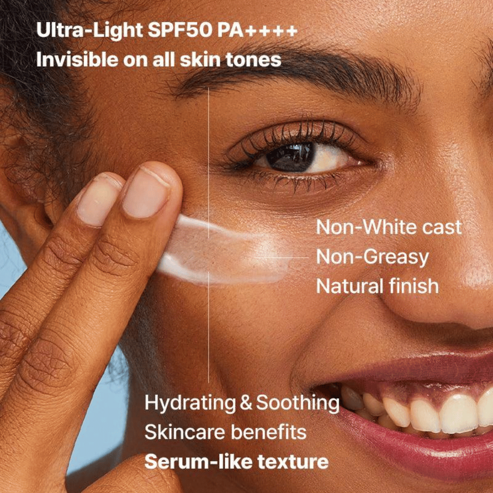 Detailný záber na ženu, ktorá nanáša priesvitný opaľovací krém prstami; text zdôrazňuje SPF50 PA++++, žiadny biely povlak, prirodzený vzhľad a textúru podobnú séru na hydratáciu.