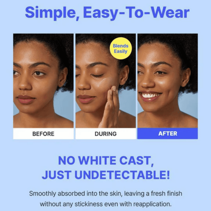 Fotografie pred, počas a po aplikácii opaľovacieho krému na ženu; produkt sa ľahko mieša bez zanechania bieleho povlaku a poskytuje prirodzený vzhľad.