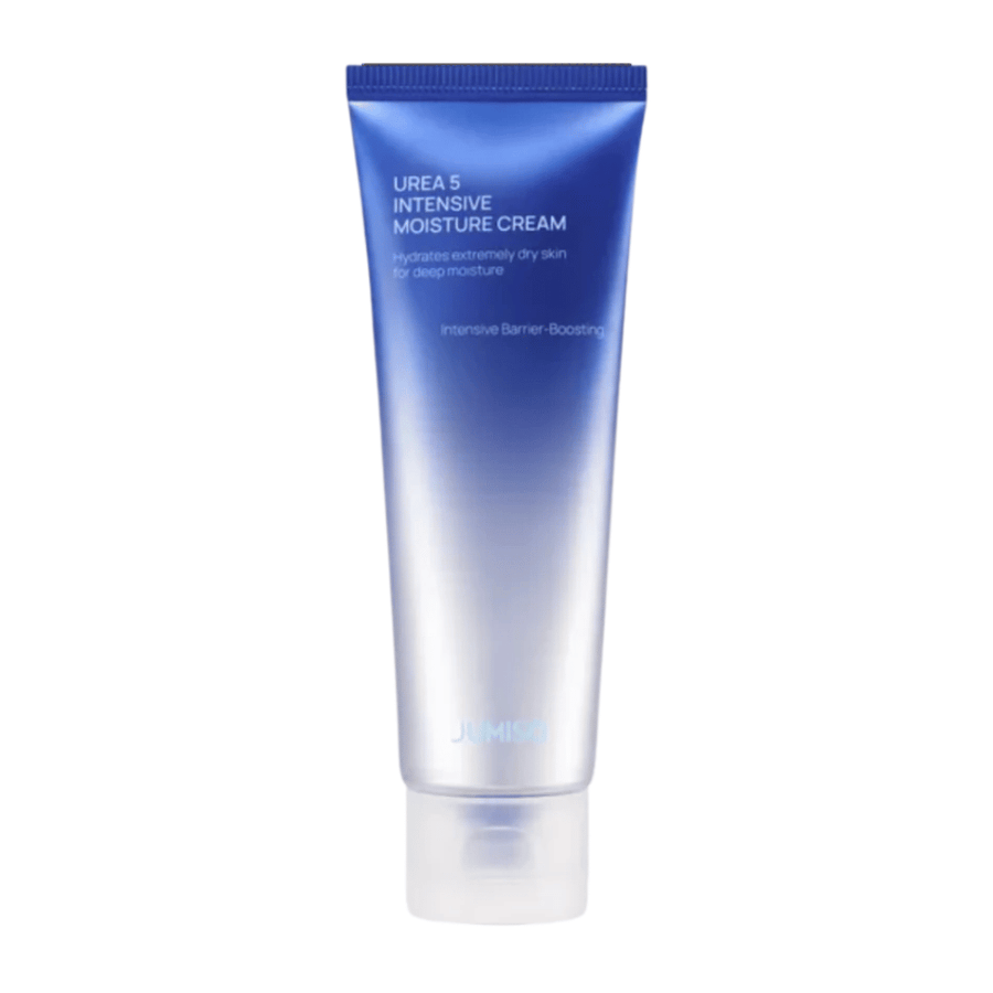 Produktová fotografia bez pozadia Jumiso Urea 5 Intensive Moisture Cream na bielom pozadí. Modrá tuba s minimalistickým dizajnom zdôrazňuje zameranie produktu na intenzívnu hydratáciu a starostlivosť posilňujúcu kožnú bariéru pre veľmi suchú pokožku.