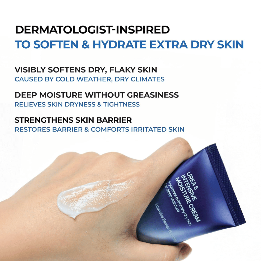 Informačný obrázok zdôrazňujúci najdôležitejšie výhody Jumiso Urea 5 Intensive Moisture Cream. Krém je opísaný ako dermatologicky inšpirovaný pre veľmi suchú pokožku a pomáha zjemňovať šupinatú pokožku, poskytovať hĺbkovú hydratáciu bez mastného pocitu a posilňovať kožnú bariéru. Ruka ukazuje krémovú textúru produktu na pokožke.