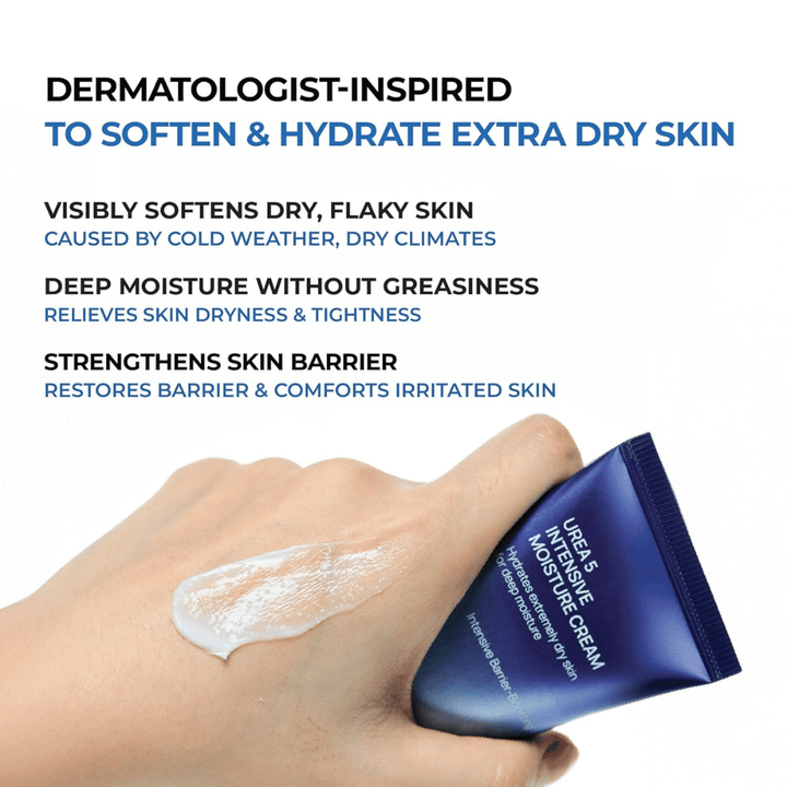 Informačný obrázok zdôrazňujúci najdôležitejšie výhody Jumiso Urea 5 Intensive Moisture Cream. Krém je opísaný ako dermatologicky inšpirovaný pre veľmi suchú pokožku a pomáha zjemňovať šupinatú pokožku, poskytovať hĺbkovú hydratáciu bez mastného pocitu a posilňovať kožnú bariéru. Ruka ukazuje krémovú textúru produktu na pokožke.