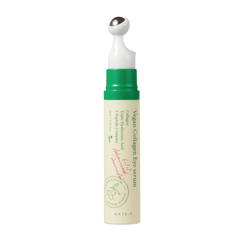 AXIS-Y Vegan Collagen Eye Serum 10ml so zeleným aplikátorom, navrhnuté na redukciu vrások a hydratáciu citlivej oblasti okolo očí. Produkt obsahuje vegánsky kolagén, kyselinu hyalurónovú a 5-peptidový komplex na intenzívnu starostlivosť a výživu.