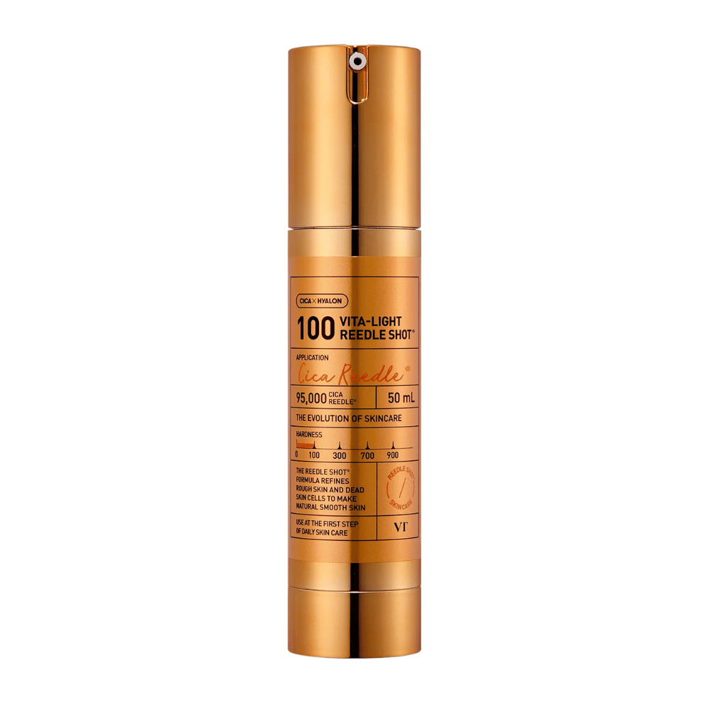 Zlatá fľaša VT Cica Hyalon Vita-Light Reedle Shot 100hL, 50 ml, s pumpou a vytlačeným textom vpredu o zložkách produktu a použití.