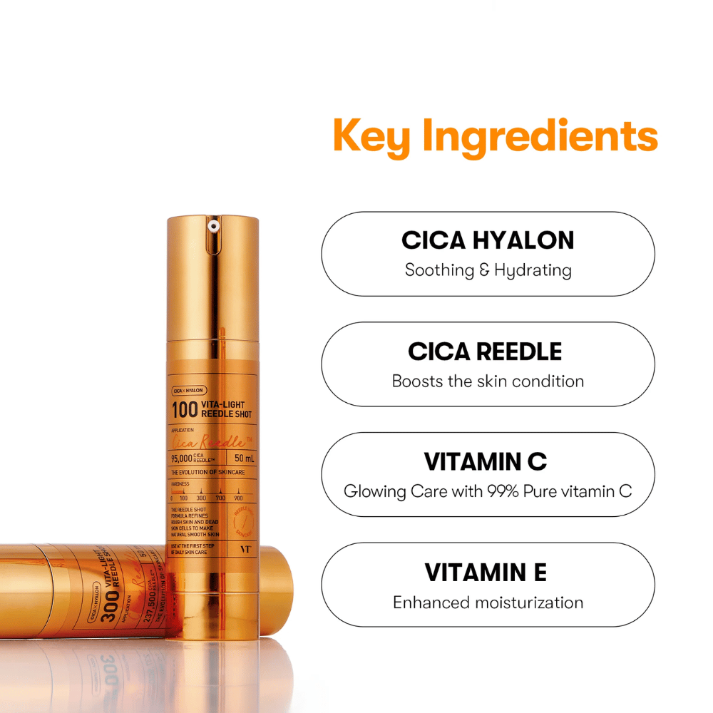 Zlatá fľaša VT Cica Hyalon Vita-Light Reedle Shot 100hL, 50 ml, s pumpou, stojaca vedľa ležiacej fľaše. Vpravo sú uvedené kľúčové zložky: Cica Hyalon, Cica Reedle, Vitamín C a Vitamín E.