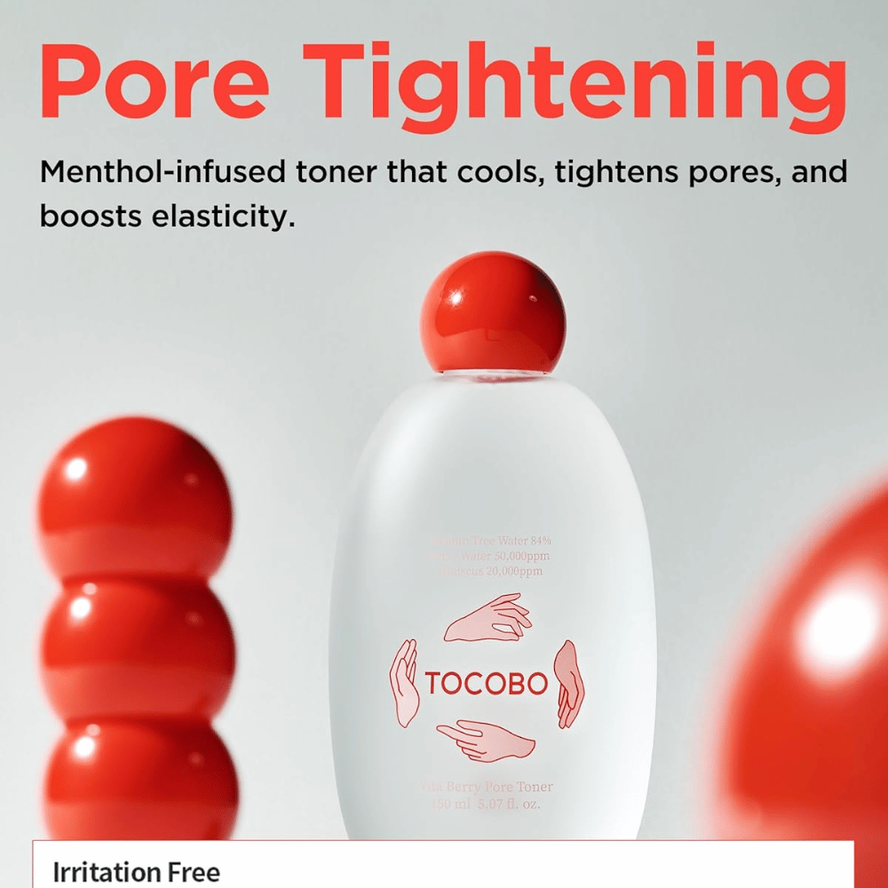 Propagačný obrázok pre TOCOBO Vita Berry Pore Toner, ktorý opisuje chladivý účinok tonera, vlastnosti sťahujúce póry a zlepšenú elasticitu pokožky vďaka formule s obsahom mentolu.
